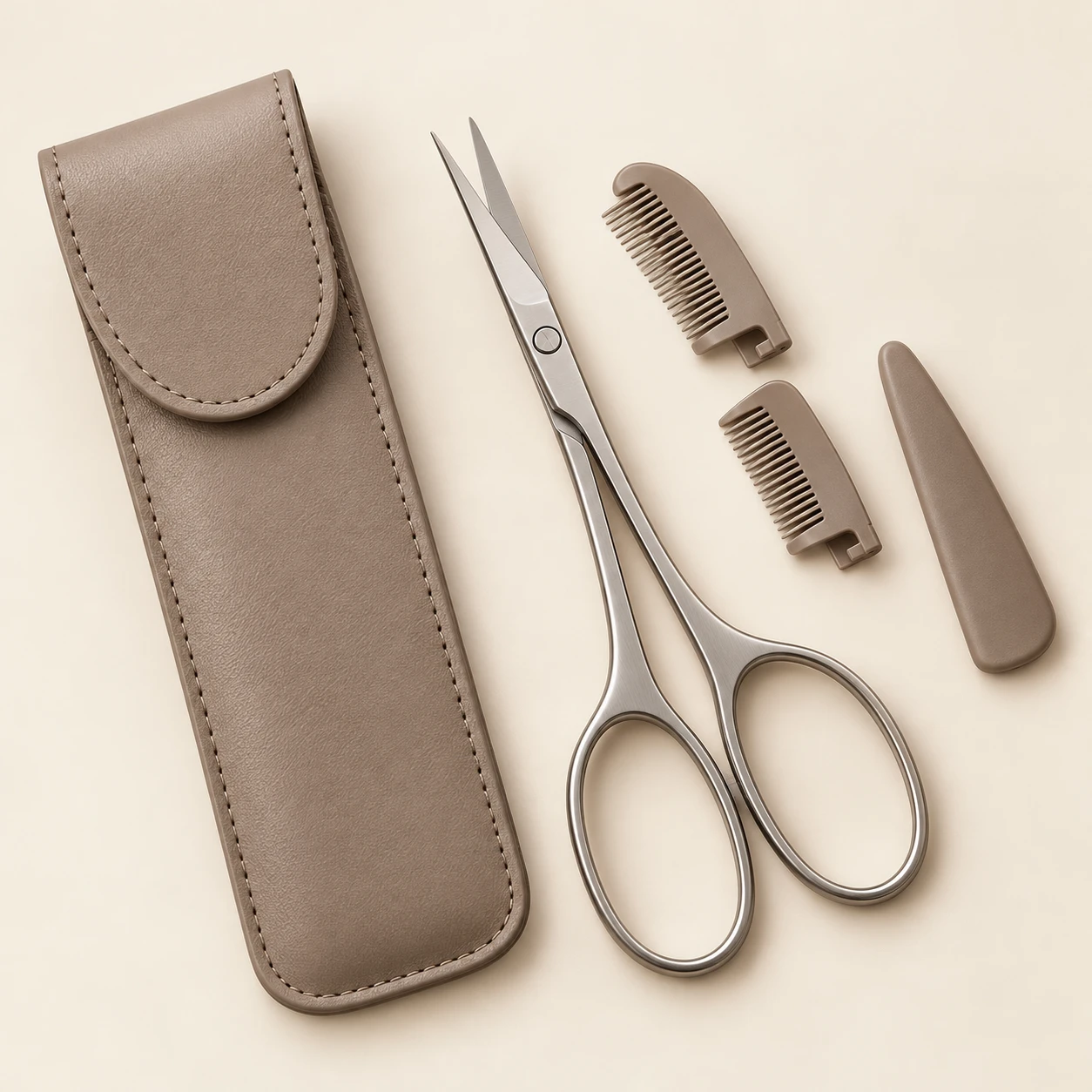 Atelier / Taupe Case eyebrow scissors and included accessories